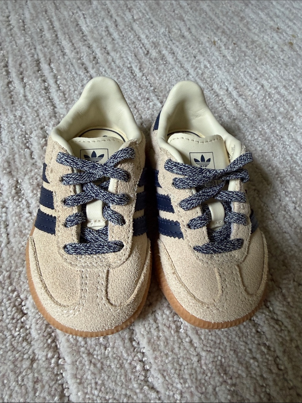 adidas Kids Beige Suede Sneakers with Navy Stripes